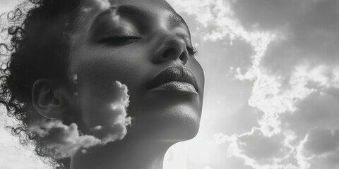 Contemplative Dreamscape: The Face of Introspection Amidst an Abstract Sky