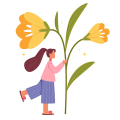 Girl with a big yellow flower. Spring tender illustration.Flower delivery service, florist, botanical concept