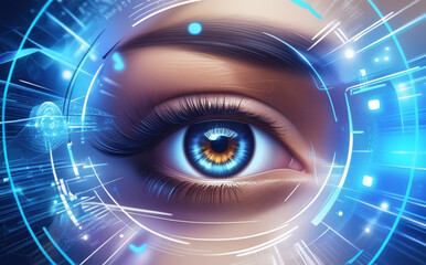 A close-up of the human eye is surrounded by digital graphics and blue light patterns, creating a futuristic and technological feel. Intricate details of the eye aid in identification. AI generated.