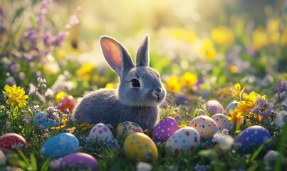 Cute rabbit surrounded by colorful Easter eggs in a flower filled meadow during springtime