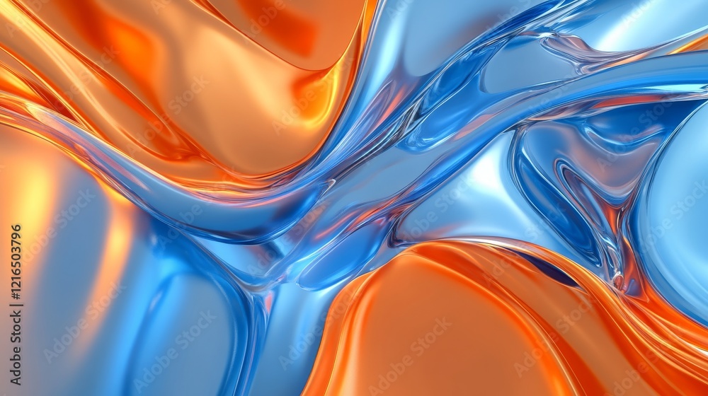 Wall mural abstract 3d illustration of orange and blue particles and fluid interactions, creating a dynamic flo