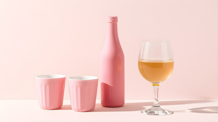 A stylish display features a pink bottle and matching cups alongside a clear wine glass filled with a light golden liquid. Generative AI