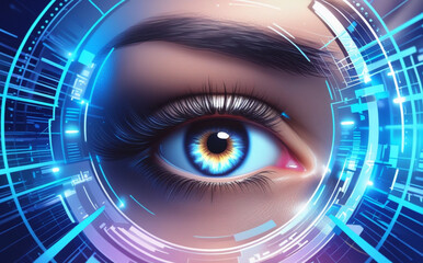 A close-up of the human eye is surrounded by digital graphics and blue light patterns, creating a futuristic and technological feel. Intricate details of the eye aid in identification. AI generated.