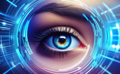 A close-up of the human eye is surrounded by digital graphics and blue light patterns, creating a futuristic and technological feel. Intricate details of the eye aid in identification. AI generated.