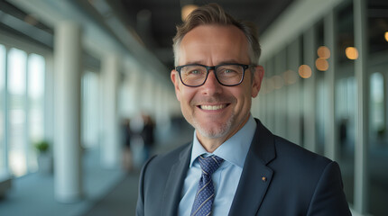 Fototapeta premium portrait of successful businessman consultant looking at camera and smiling inside modern office building
