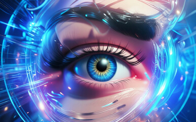 A close-up of the human eye is surrounded by digital graphics and blue light patterns, creating a futuristic and technological feel. Intricate details of the eye aid in identification. AI generated.