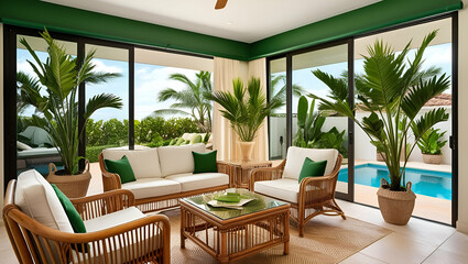 Fototapeta premium modern living room with windows and pool 
