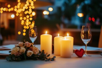 Romantic candlelit dinner, outdoor restaurant, evening