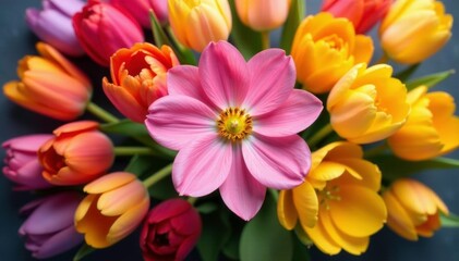 Naklejka premium delicate petals of colorful flowers surrounding a central bloom, Tulips, Spring Veggies, Bouquet