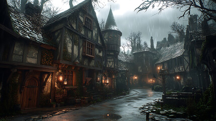Obraz premium Rainy Day in a Medieval Town