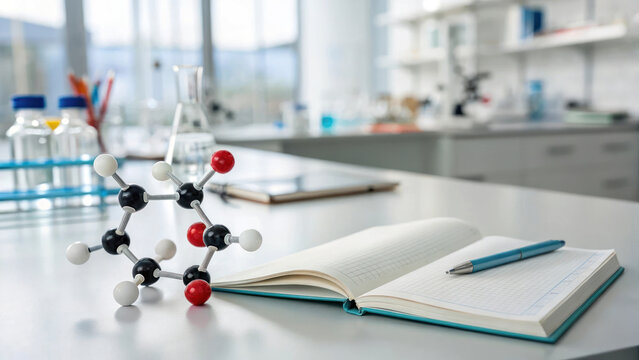 clean laboratory bench with open notebook and molecular model, showcasing scientific workspace