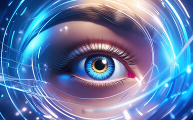 A close-up of the human eye is surrounded by digital graphics and blue light patterns, creating a futuristic and technological feel. Intricate details of the eye aid in identification. AI generated.