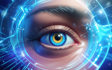 A close-up of the human eye is surrounded by digital graphics and blue light patterns, creating a futuristic and technological feel. Intricate details of the eye aid in identification. AI generated.