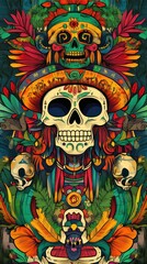 Ornate Skull Decorated With Vivid Flowers And Feathers