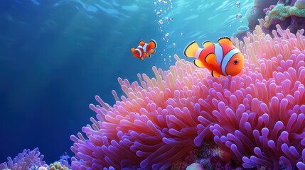 Fototapeta premium Two Clownfish Swim Near Vibrant Pink Sea Anemone