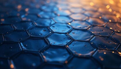 Obraz premium Wet hexagonal tiles with reflective golden lighting.