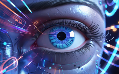 A close-up of the human eye is surrounded by digital graphics and blue light patterns, creating a futuristic and technological feel. Intricate details of the eye aid in identification. AI generated.