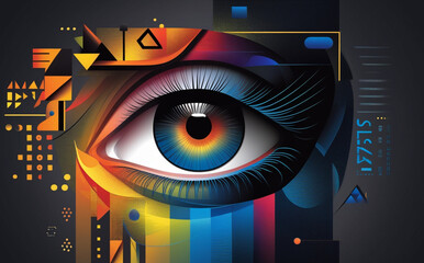 A close-up of the human eye is surrounded by digital graphics and blue light patterns, creating a futuristic and technological feel. Intricate details of the eye aid in identification. AI generated.