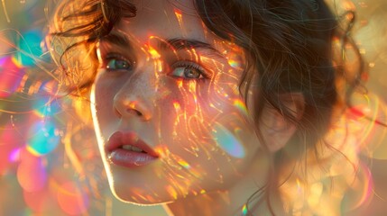 Close-up portrait of a woman with radiant, prism-like reflections casting colorful patterns across her face. Soft freckles and a gentle expression enhance the ethereal, dreamy effect