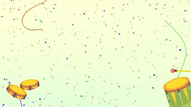 Fundo de Tela Carnaval Brasil samba confete serpentina multicolorido pandeiro surdo. Edit&aacute;vel: 10s intro + 10s  loop + 10s / 4k 60fps