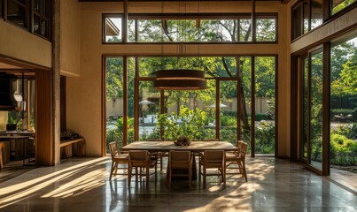Fototapeta premium Elegant dining area with rustic decor and large windows showcasing a garden view in daylight