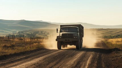 A rugged military truck kicks up dust as it travels along a rural road, surrounded by open countryside with rolling hills and a clear blue sky overhead.