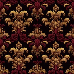 Fototapeta premium Decorative fabric pattern showcasing intricate gold and crimson floral motifs on a dark background with rich textures
