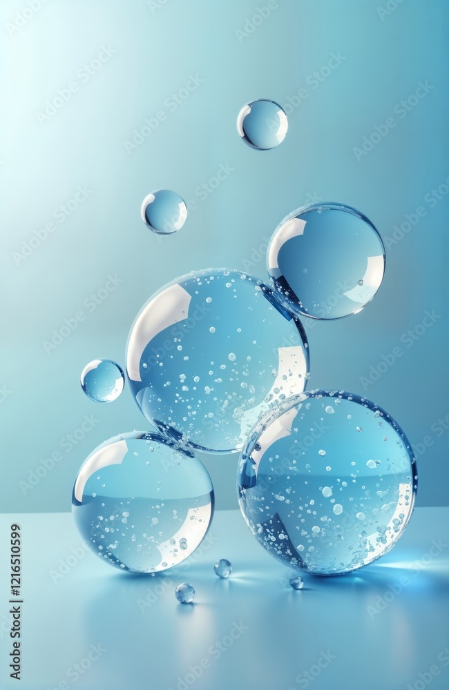Poster light blue transparent spheres with water molecules float on plain background. clear liquid inside r