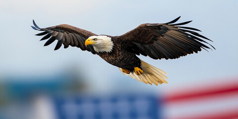Obraz premium Bald eagle soaring gracefully over a distant flag