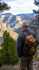 Senior male hiker backpack mountain range forest scenic view looking back