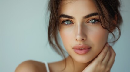 Fototapeta premium Close-up portrait of a woman with a subtle gaze, showcasing her natural beauty. She gently touches her neck, highlighting her soft lips and expressive blue eyes