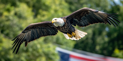 Naklejka premium Bald eagle soaring through the sky near American flag