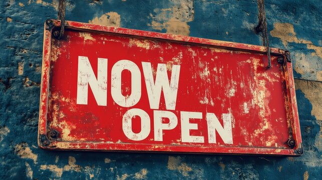 Bold Now Open text with striking red borders stands out against a simple wall background, drawing immediate attention.