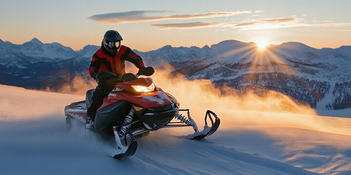 Snowmobiler rides through snowy mountain landscape at sunset