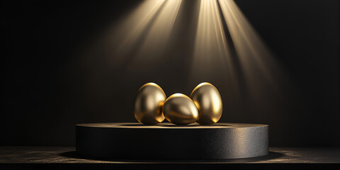 Obraz premium Golden Easter Eggs on Luxury Podium with Dramatic Lighting