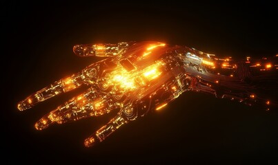 Fototapeta premium Futuristic Robotic Hand with Illuminated Circuits and Emanating Light, Depicting Advanced Technology and Artificial Intelligence, Generative AI