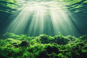Obraz premium Underwater Sunlight Illuminates Lush Green Aquatic Plants