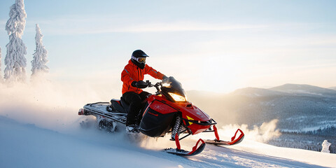 Snowmobiler enjoys winter adventure in snowy landscape