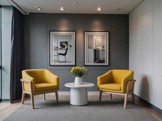 Stylish waiting room in office or clinic with yellow chairs and modern decor