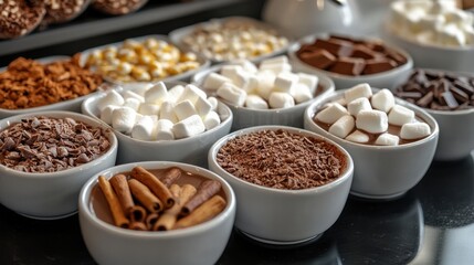 Fototapeta premium A variety of bowls filled with different types of chocolate and marshmallows