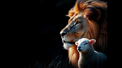 Fototapeta premium The Lion and the Lamb A Majestic Symbol of Peace, Strength, and Unity on a Black Background