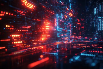 Futuristic tech error with neon highlights, merging with glitch effects and fragmented digital symbols on a dark screen