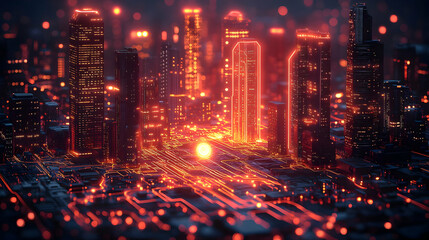 Fototapeta premium Futuristic Cityscape at Night: Glowing Towers and Circuitry