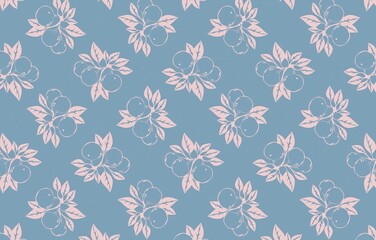 A blue and pink floral pattern with fruit on it