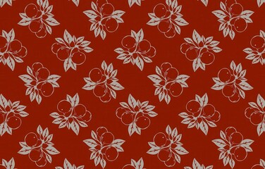 A red and white pattern of fruit and leaves