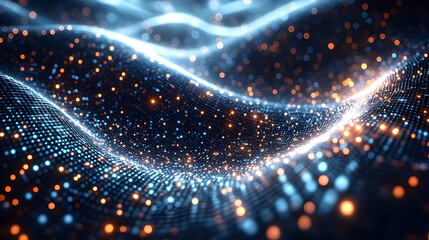 Abstract Glowing Particle Waves: Dark Blue and Gold Digital Background