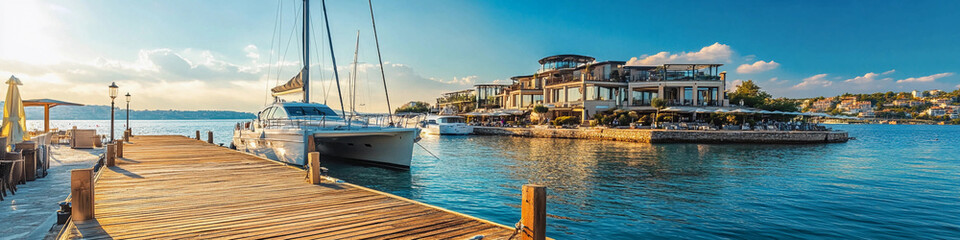 Fototapeta premium Beautiful harbor with boat and waterfront restaurants at sunset