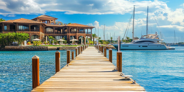 Fototapeta Enjoying a sunny day at the marina with yacht and pier