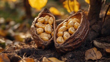 Two nuts are sitting on the ground, one of which is open
