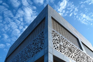 a building with a modern cubic design and intricate patterns from traditional islamic architectures